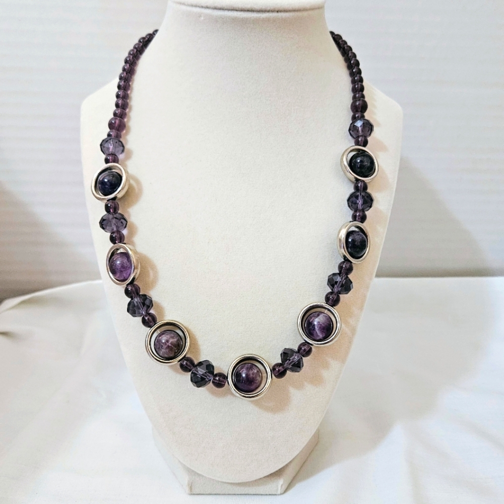 Elegant Amethyst Beaded Silvertone Necklace